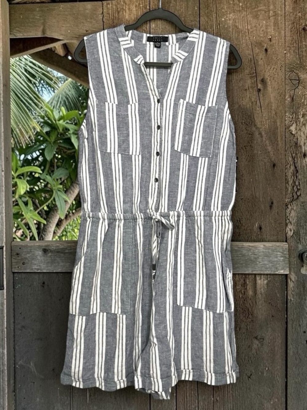 NWT Linen Blend Romper Womens Large Blue White Stripe Drawstring Summer Vacation